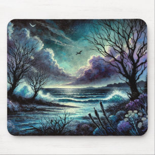 Tapis De Souris Mer mystique avec des vagues et des arbres