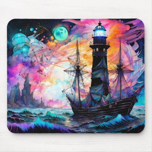Tapis De Souris Mer orageuse, phare de bateau Lune Abstrait (Devant)