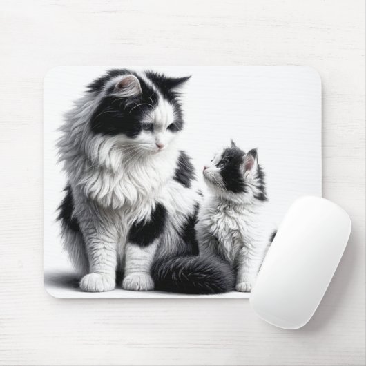 Tapis De Souris Mère Chat et chaton en blanc (Avec souris)
