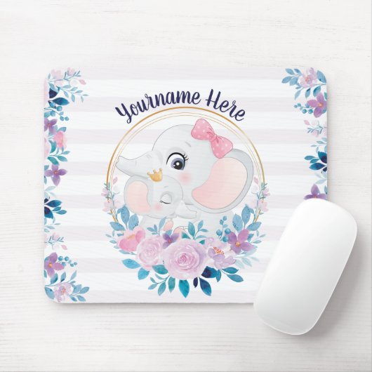 Tapis De Souris Mère et bébé Eléphant rose Fleur Flush Wreath (Avec souris)