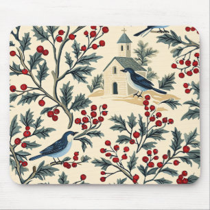 Tapis De Souris Merle Bleu Vintage Noël Crème Rouge
