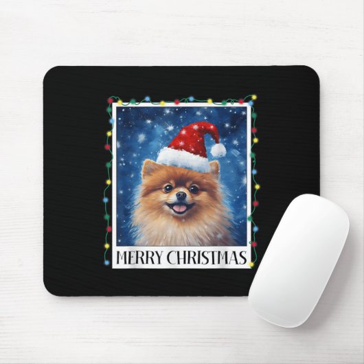Tapis De Souris Merry Christmas Meranian Santa Hat Xmas Dog Lights (Avec souris)