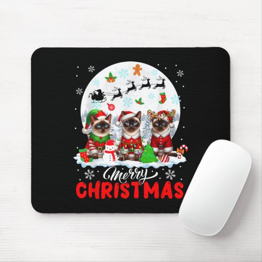 Tapis De Souris Merry Christmas Three Santa Elf Reindeer Siamese C (Avec souris)