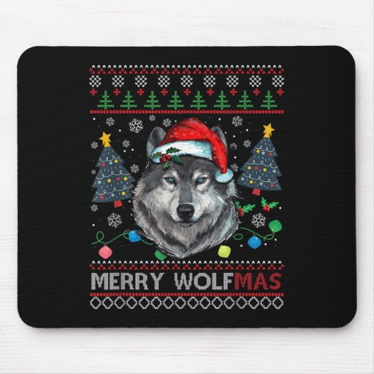 Tapis De Souris Merry Wolfmas Merry Christmas Wolf Ugly Sweater Fu (Devant)