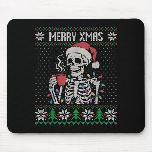 Tapis De Souris Merry Xmas Skeleton Ugly Sweater, Skull Wearing Sa (Devant)