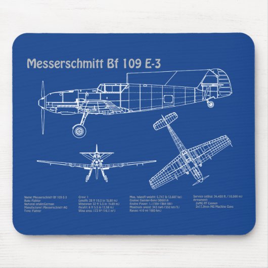 Tapis De Souris Messerschmitt Bf 109 - Plan d'avion AD (Devant)