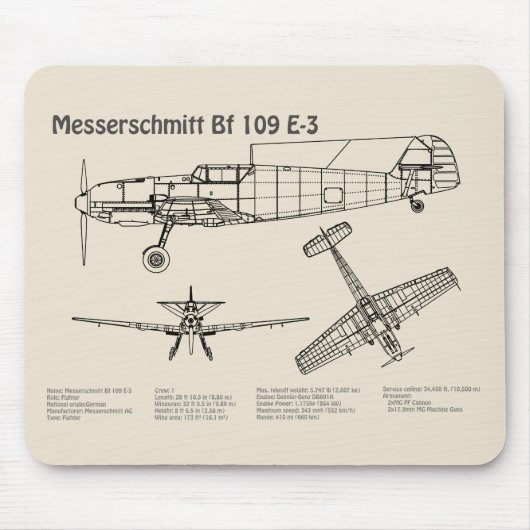 Tapis De Souris Messerschmitt Bf 109 - Plan directeur de l'avion S (Devant)