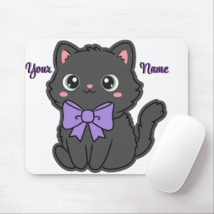 Tapis De Souris Mignon Kawaii Chat Noir Assis Ruban Violet Personn