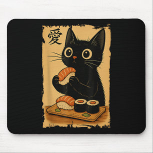 Tapis De Souris Mignon Kawaii Chat Noir Mangeant Sushi Drôle Japon