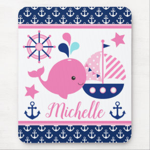 Tapis De Souris Mignon motif baleine rose et ancres nautiques