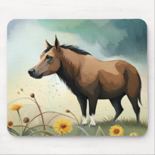 Tapis De Souris Mignonne poney brun dans le champ floral