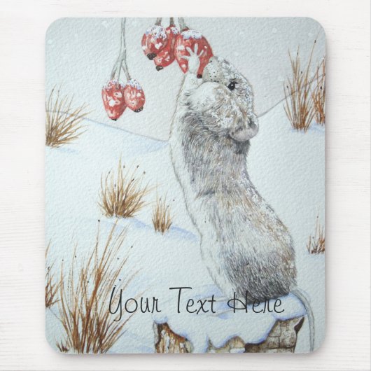 Tapis De Souris Mignonne souris et baies rouges scène de neige (Devant)