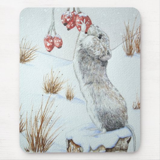 Tapis De Souris Mignonne souris hiver neige scène rouge baies faun (Devant)