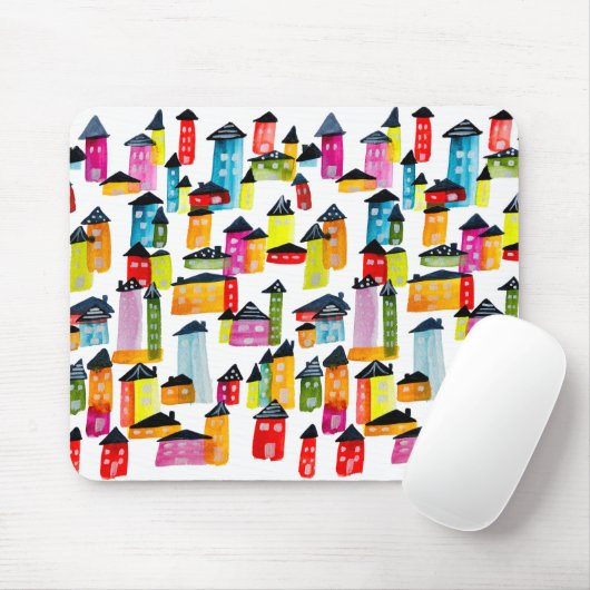 Tapis De Souris Mignonnes maisons colorées aquarelle art (Avec souris)