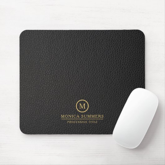 Tapis De Souris Minimalistic Black Leather Text Custom Monogram (Avec souris)