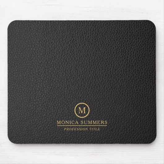 Tapis De Souris Minimalistic Black Leather Text Custom Monogram (Devant)