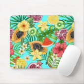Tapis De Souris Mix-fruit tropical, fleurs et feuilles en bleu (Avec souris)
