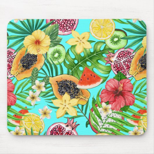 Tapis De Souris Mix-fruit tropical, fleurs et feuilles en bleu (Devant)