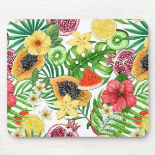 Tapis De Souris Mix-fruit tropical, fleurs et feuilles sur blanc
