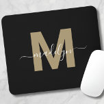 Tapis De Souris Modern Black Gold Script Name Initial Monogram<br><div class="desc">Personalized Elegant Modern Black Gold Script Initial Name Monogram Mouse Pad. Add a touch of sophistication to your workspace with this chic mouse pad. It features a flat gold-colored initial (without shimmer or foil) centered on a sleek black background. The refined design combines elegance with practicality, making it a perfect...</div>