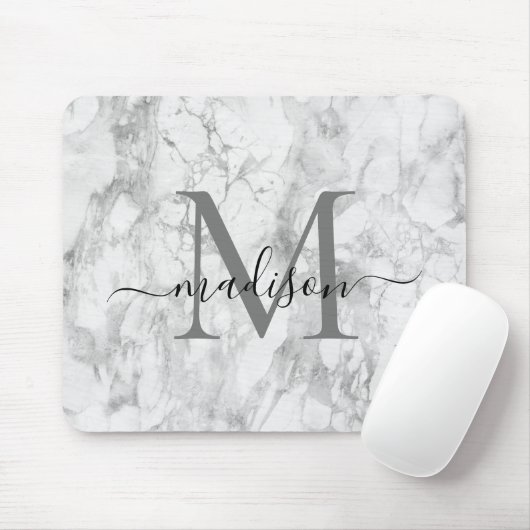 Tapis De Souris Modern Black White Gray Marble Monogram Script (Avec souris)