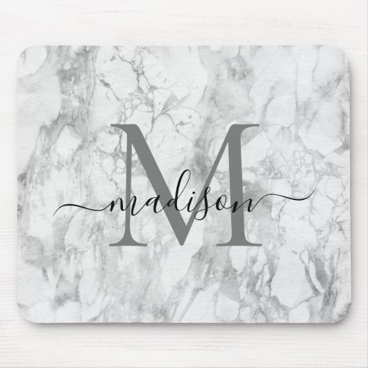 Tapis De Souris Modern Black White Gray Marble Monogram Script (Devant)