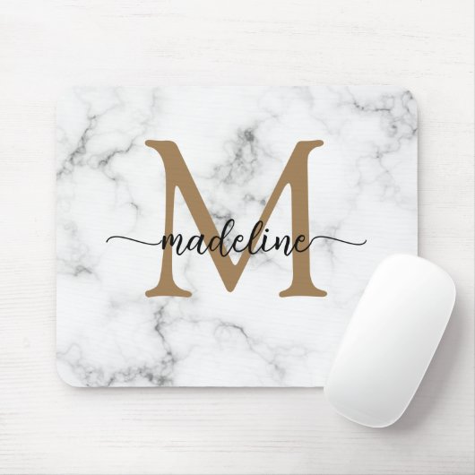 Tapis De Souris Modern Marble Gold Girly Script Monogram (Avec souris)