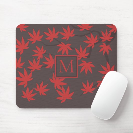 Tapis De Souris Modern Monogram Red Maple Leaf Grey (Avec souris)