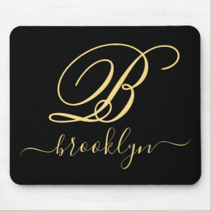 Tapis De Souris Moderne Elegant Noir Or manuscrit Monogramme