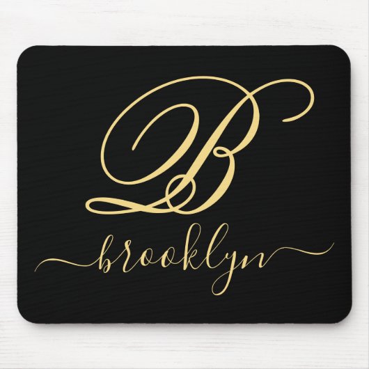 Tapis De Souris Moderne Elegant Noir Or manuscrit Monogramme (Devant)
