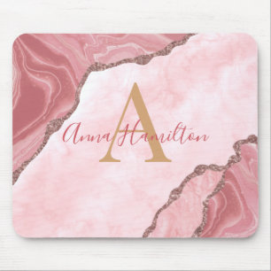 Tapis De Souris Moderne Elégant rose pâle Agate Géode Monogramme