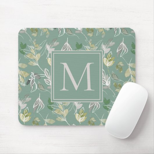 Tapis De Souris Moderne Elégant Sage Vert Argent Feuille Monogramm (Avec souris)