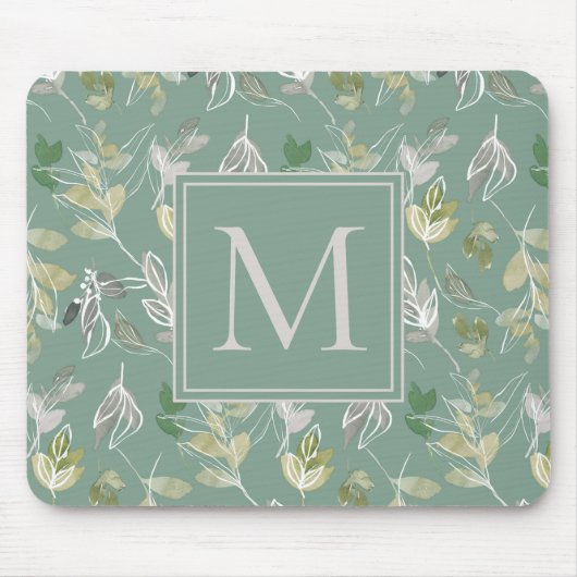 Tapis De Souris Moderne Elégant Sage Vert Argent Feuille Monogramm (Devant)