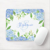 Tapis De Souris Moderne Floral bleu Hydrangée Aquarelle Monogramme (Avec souris)