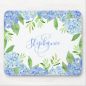 Tapis De Souris Moderne Floral bleu Hydrangée Aquarelle Monogramme (Devant)
