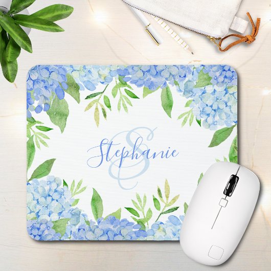 Tapis De Souris Moderne Floral bleu Hydrangée Aquarelle Monogramme