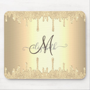 Tapis De Souris Moderne Monogramme Doré avec Gouttes de Paillettes
