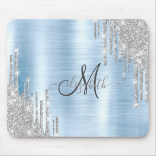 Tapis De Souris Moderne Monogramme Métallisé Bleu avec Gouttes de