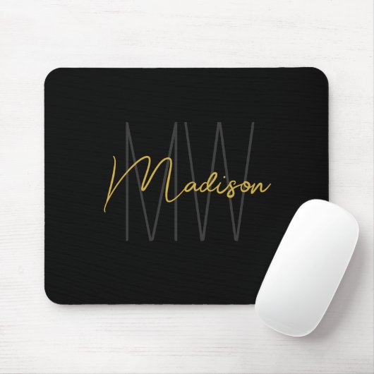Tapis De Souris Moderne Monogramme Nom Script Noir Or (Avec souris)
