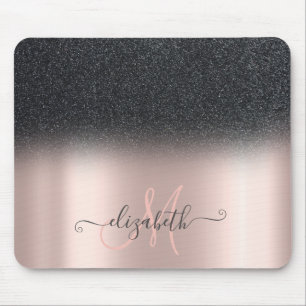 Tapis De Souris Moderne monogramme ombré pailleté noir et or rose