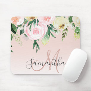 Tapis De Souris Moderne Pastel Rose & Fleurs Avec Nom