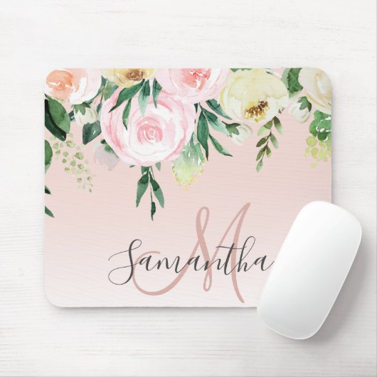 Tapis De Souris Moderne Pastel Rose & Fleurs Avec Nom (Avec souris)