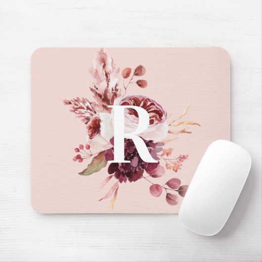 Tapis De Souris Moderne Pastel Rose & Flore Rouge Avec Initiale (Avec souris)