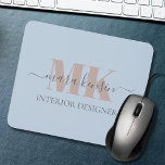 Tapis De Souris Modert Mocha Mousse Monogram Dusty Blue<br><div class="desc">This modern mouse pad features a mocha mousse monogram, name and profession in dark grey over a dusty blue field. Designed for a clean and sophisticated workspace it blends classic minimalism with chic details. A thoughtful gift for remote workers, designers or anyone who wants a stylish desk upgrade.</div>