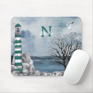 Tapis De Souris Monogram Green Lighthouse aquarelle Art