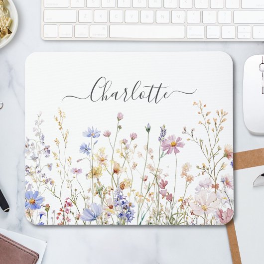 Tapis De Souris Monogram Watercolor Rustic Pretty Wildflower Field
