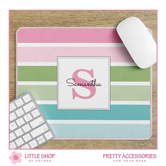 Tapis de souris monogrammé à rayures pastel