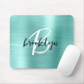Tapis De Souris Monogramme Aqua Métal Brossé Noir Blanc Script  (Avec souris)
