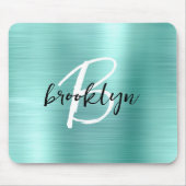 Tapis De Souris Monogramme Aqua Métal Brossé Noir Blanc Script  (Devant)