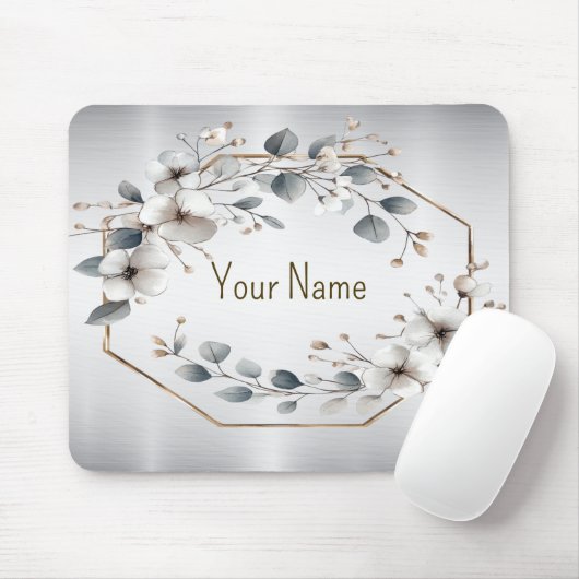 Tapis De Souris Monogramme Aquarelle Fleurs blanches Argent doré (Avec souris)